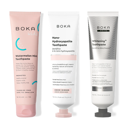Three bottles of Boka Nano-Hydroxyapatite Toothpaste on a white background