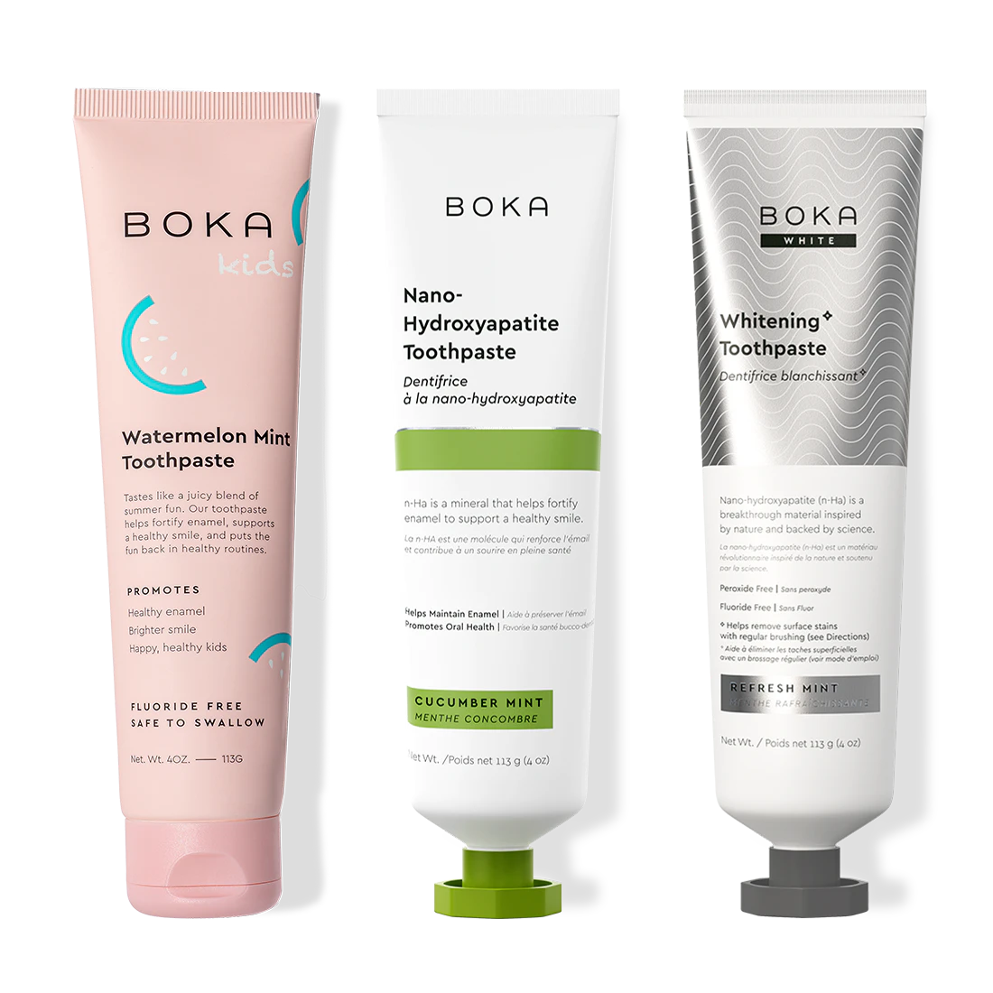 Three bottles of Boka Nano-Hydroxyapatite Toothpaste on a white background