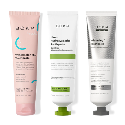 Three bottles of Boka Nano-Hydroxyapatite Toothpaste on a white background