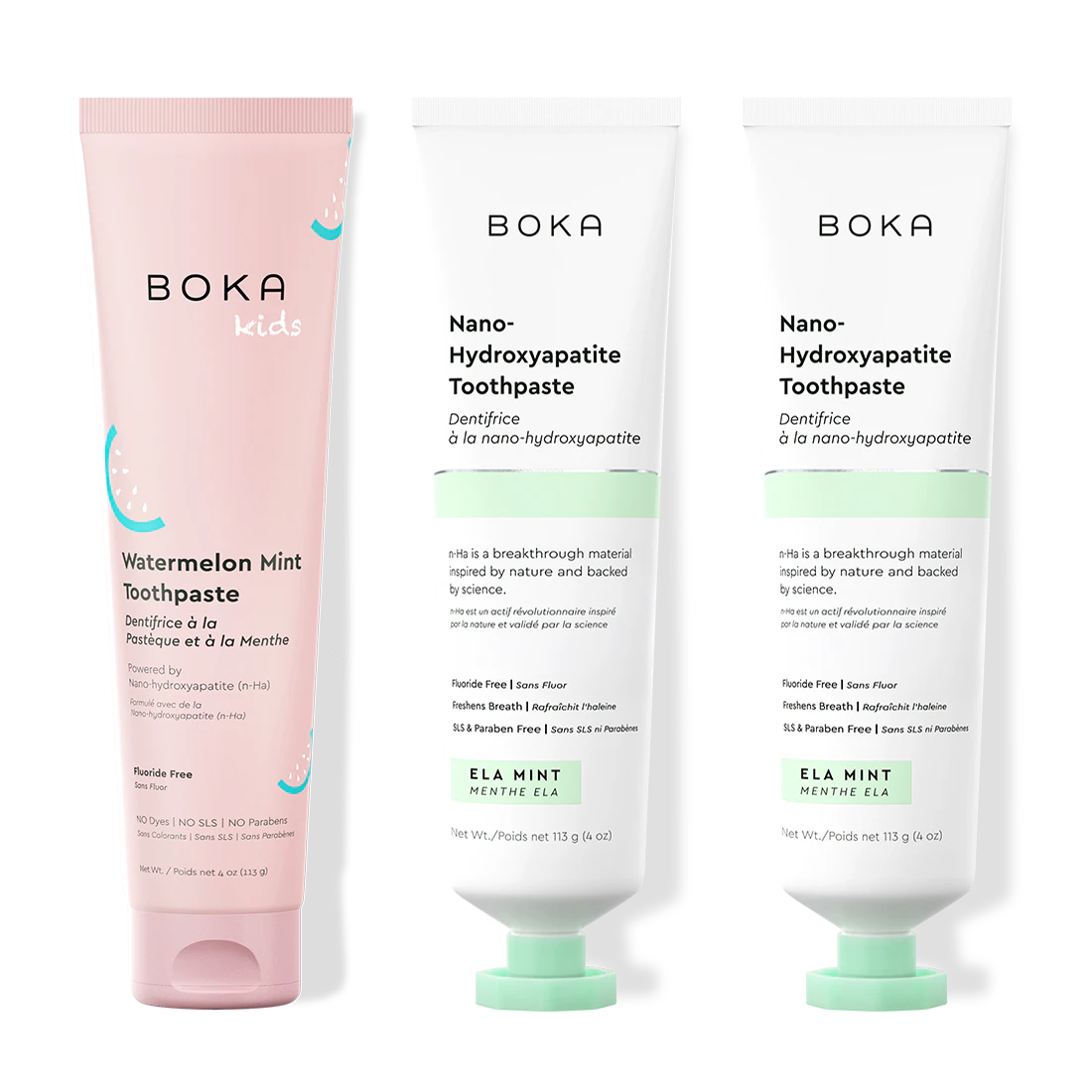 Three tubes of Boka Nano-Hydroxyapatite Toothpaste on a white background