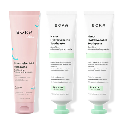 Three tubes of Boka Nano-Hydroxyapatite Toothpaste on a white background