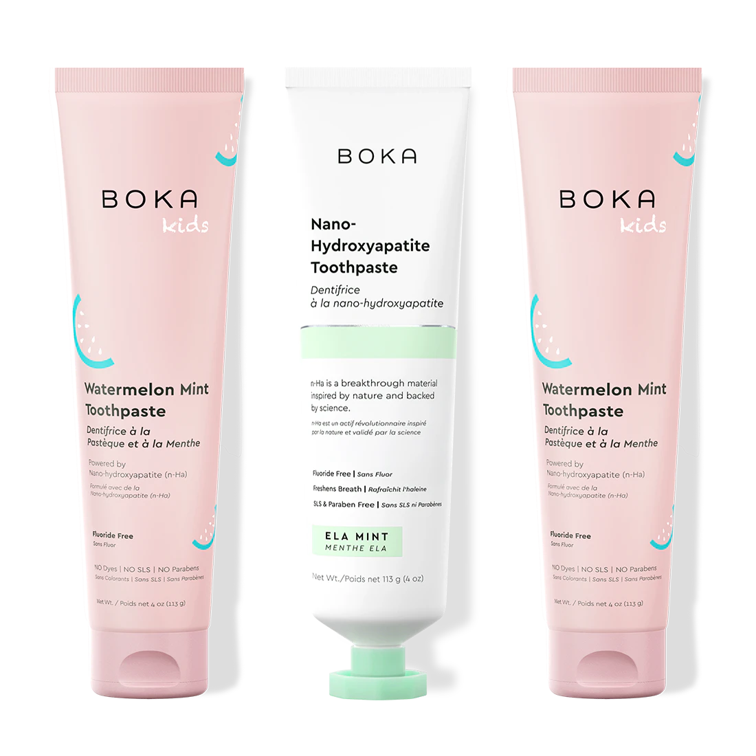 Three tubes of Boka Nano-Hydroxyapatite Toothpaste on a white background