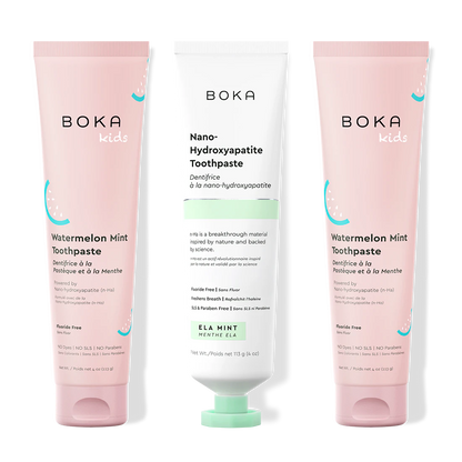 Three tubes of Boka Nano-Hydroxyapatite Toothpaste on a white background