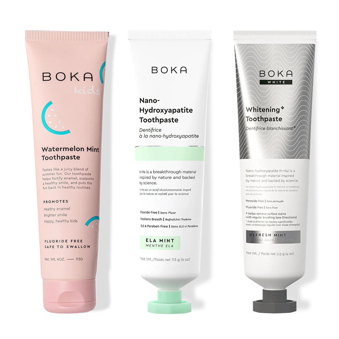 Three bottles of Boka Nano-Hydroxyapatite Toothpaste on a white background