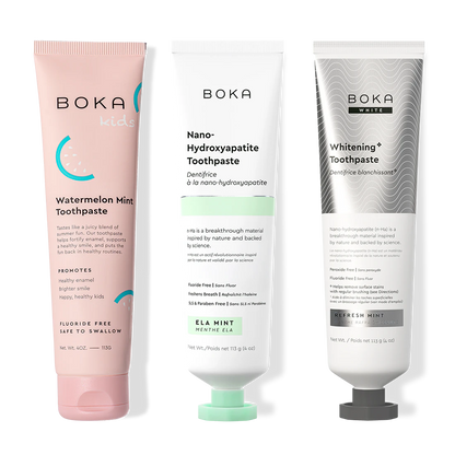 Three bottles of Boka Nano-Hydroxyapatite Toothpaste on a white background