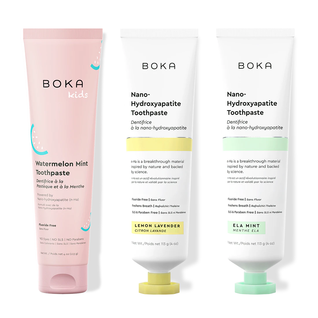 Three tubes of Boka Nano-Hydroxyapatite Toothpaste on a white background