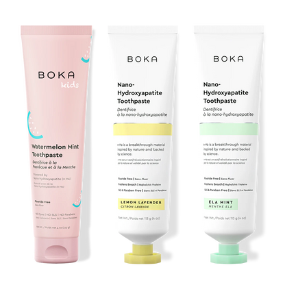 Three tubes of Boka Nano-Hydroxyapatite Toothpaste on a white background