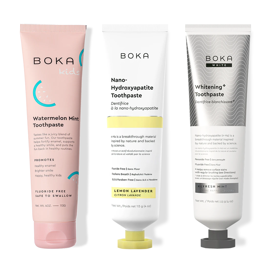 Three bottles of Boka Nano-Hydroxyapatite Toothpaste on a white background
