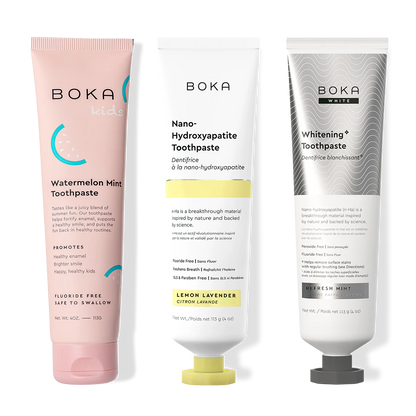 Three bottles of Boka Nano-Hydroxyapatite Toothpaste on a white background