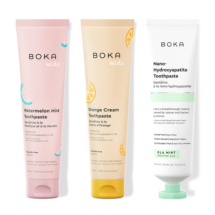 Three bottles of Boka Nano-Hydroxyapatite Toothpaste on a white background