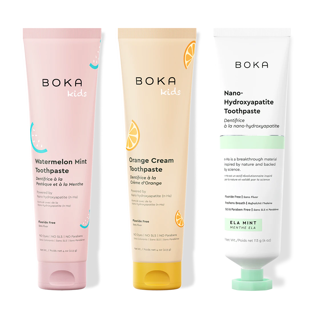 Three tubes of Boka Nano-Hydroxyapatite Toothpaste on a white background