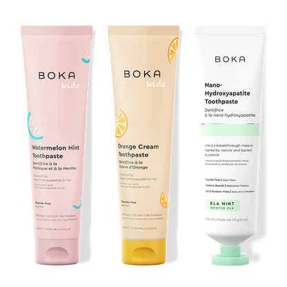 Three tubes of Boka Nano-Hydroxyapatite Toothpaste on a white background
