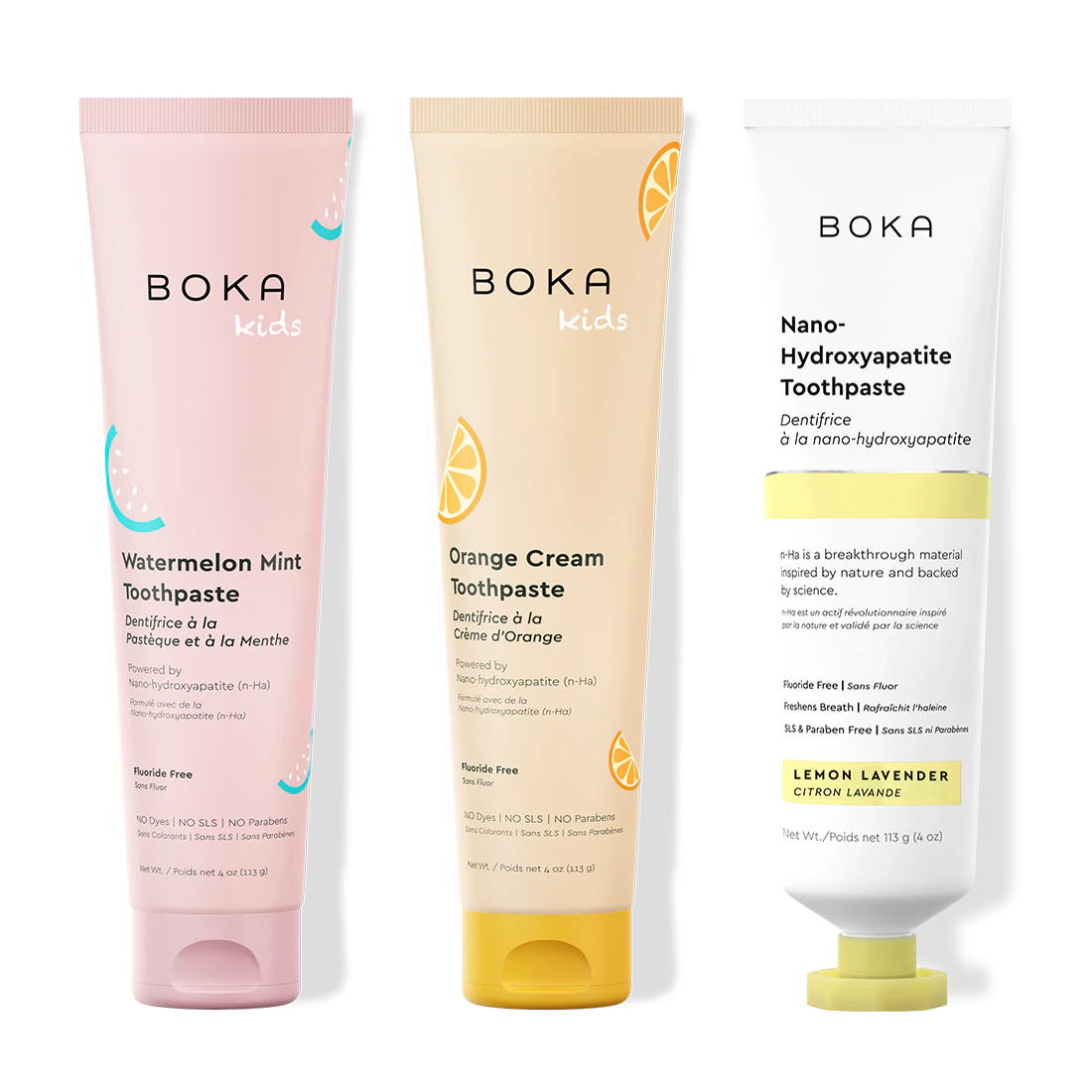 Three tubes of Boka Nano-Hydroxyapatite Toothpaste on a white background