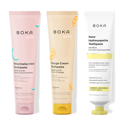 Three tubes of Boka Nano-Hydroxyapatite Toothpaste on a white background