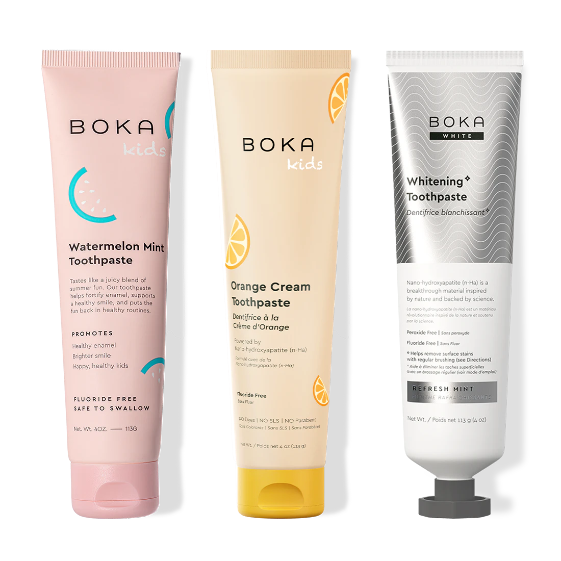 Three Boka toothpaste tubes on a white background