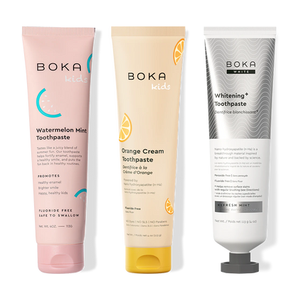 Three Boka toothpaste tubes on a white background
