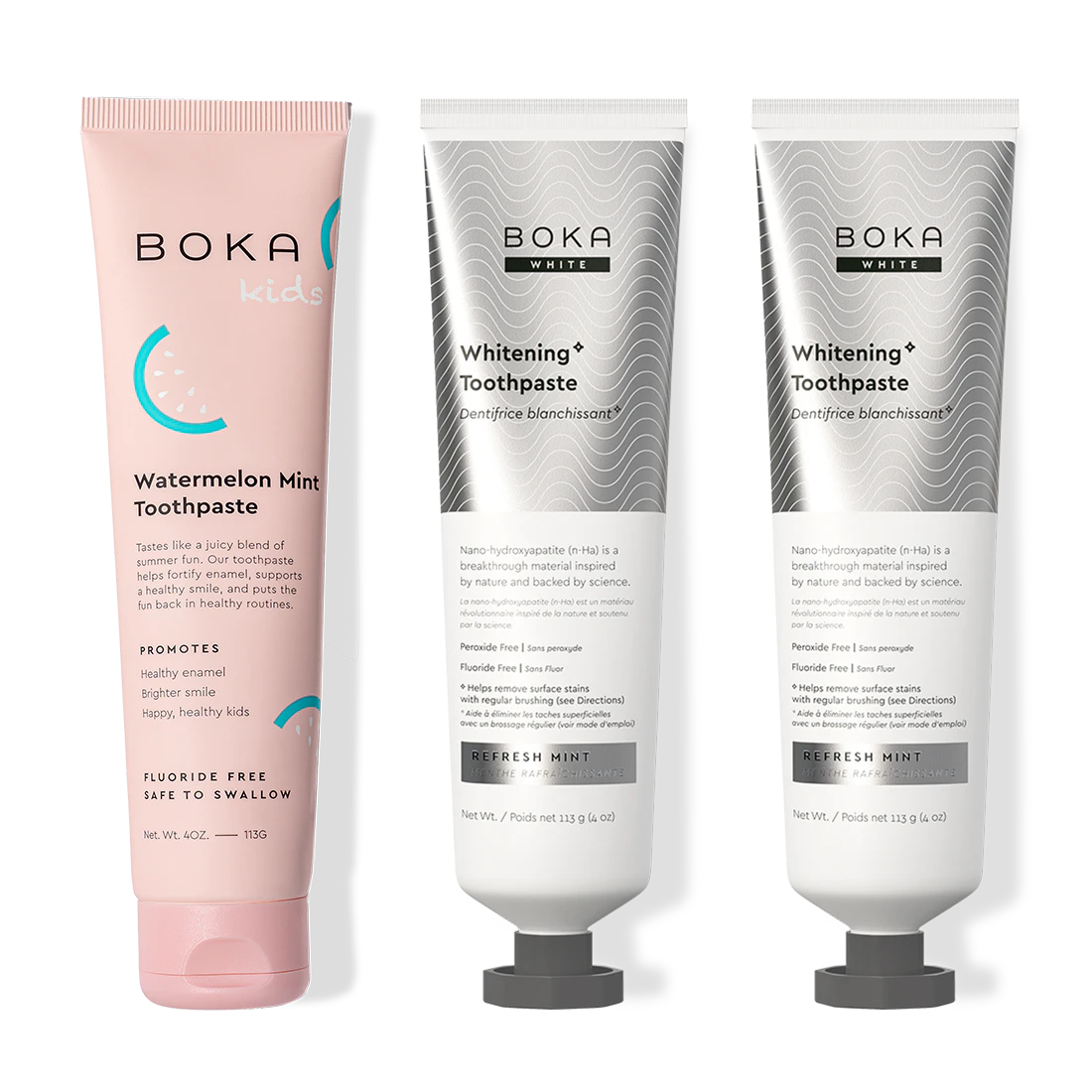 Three Boka toothpaste tubes on a white background