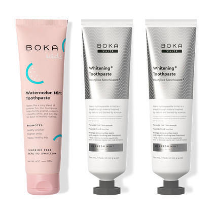 Three Boka toothpaste tubes on a white background