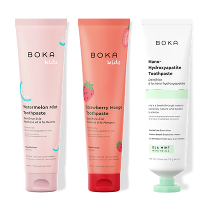 Three Boka toothpaste tubes on a white background