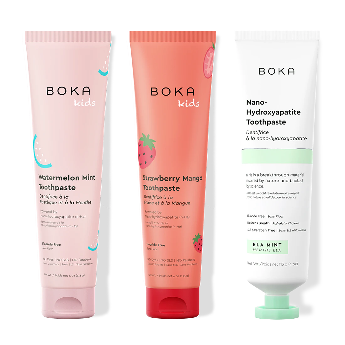 Three Boka toothpaste tubes on a white background