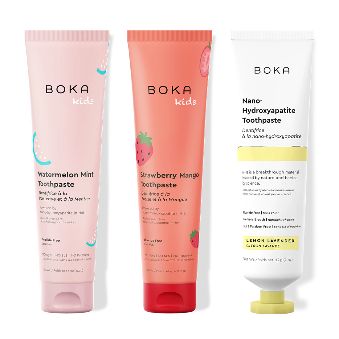Three Boka toothpaste tubes on a white background