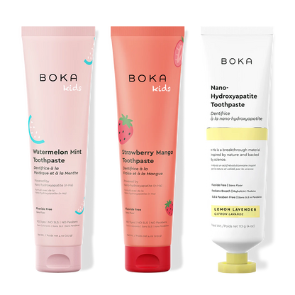 Three Boka toothpaste tubes on a white background