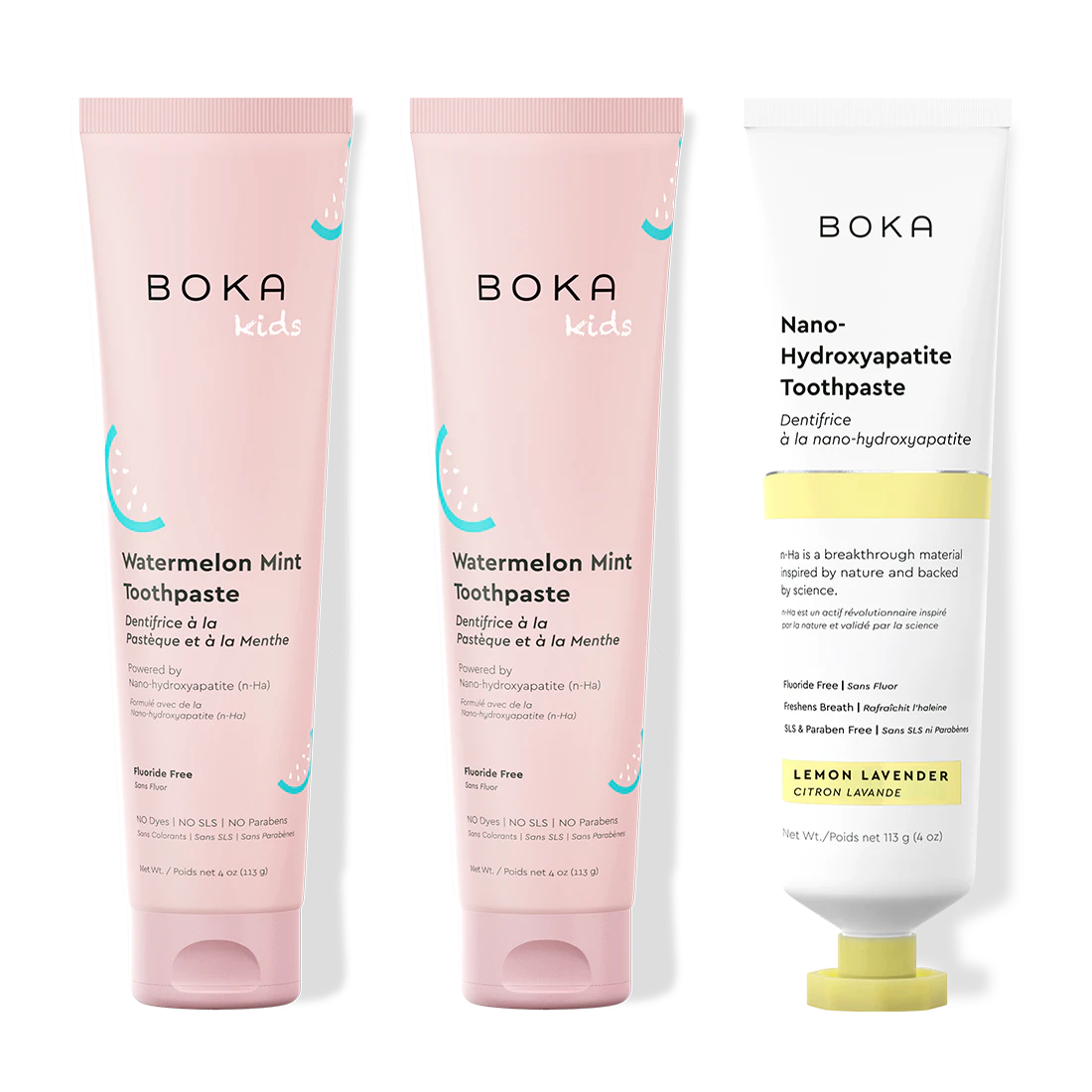 Three Boka toothpaste tubes on a white background