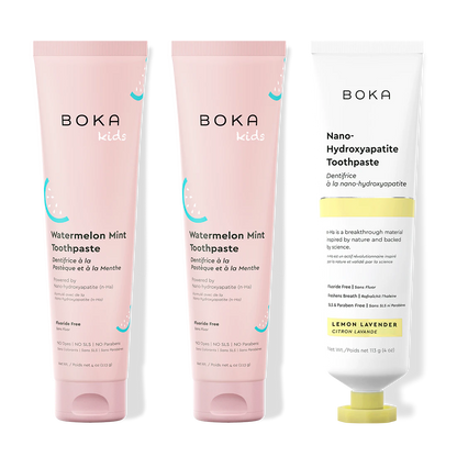 Three Boka toothpaste tubes on a white background