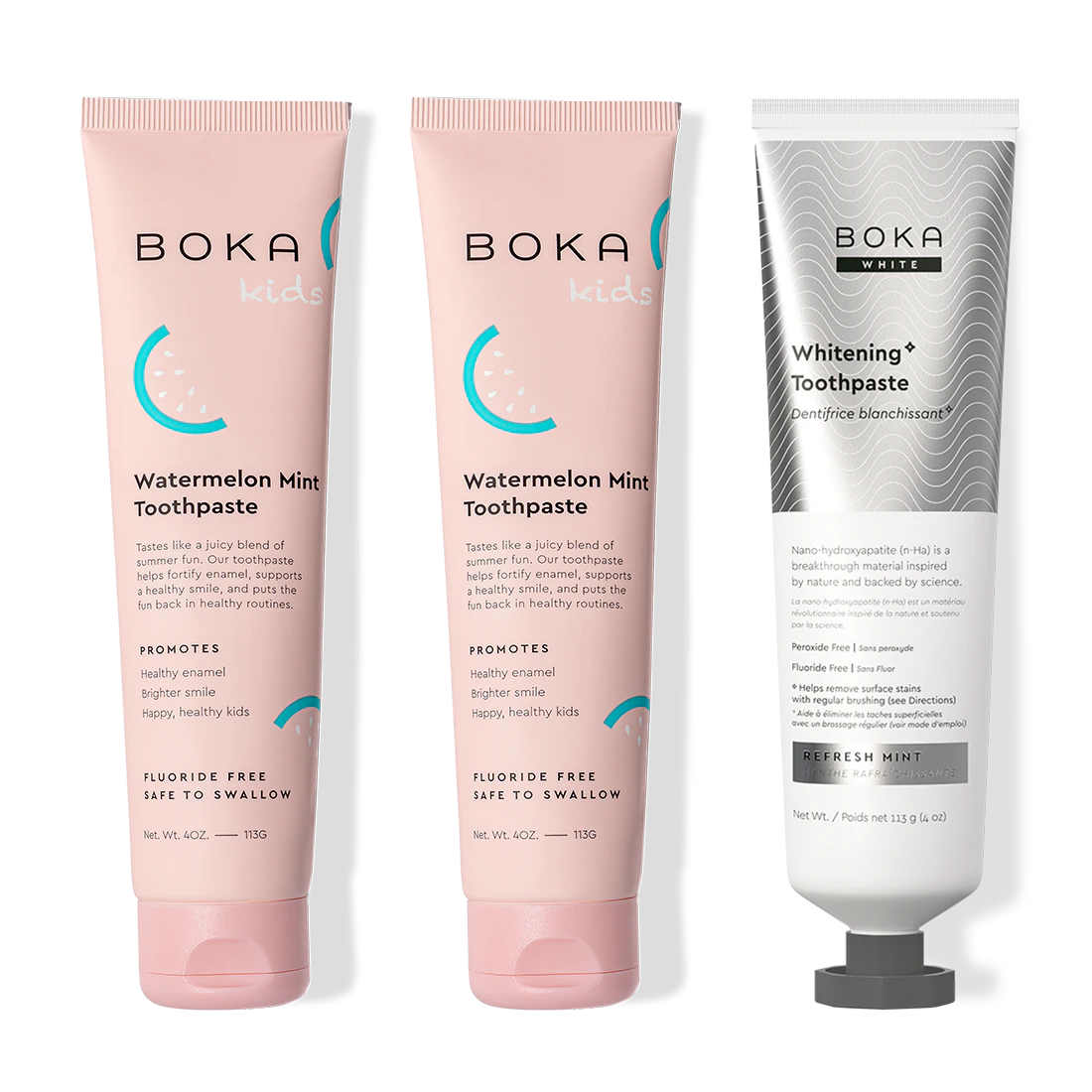 Three tubes of Boka toothpaste on a white background