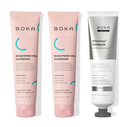 Three tubes of Boka toothpaste on a white background