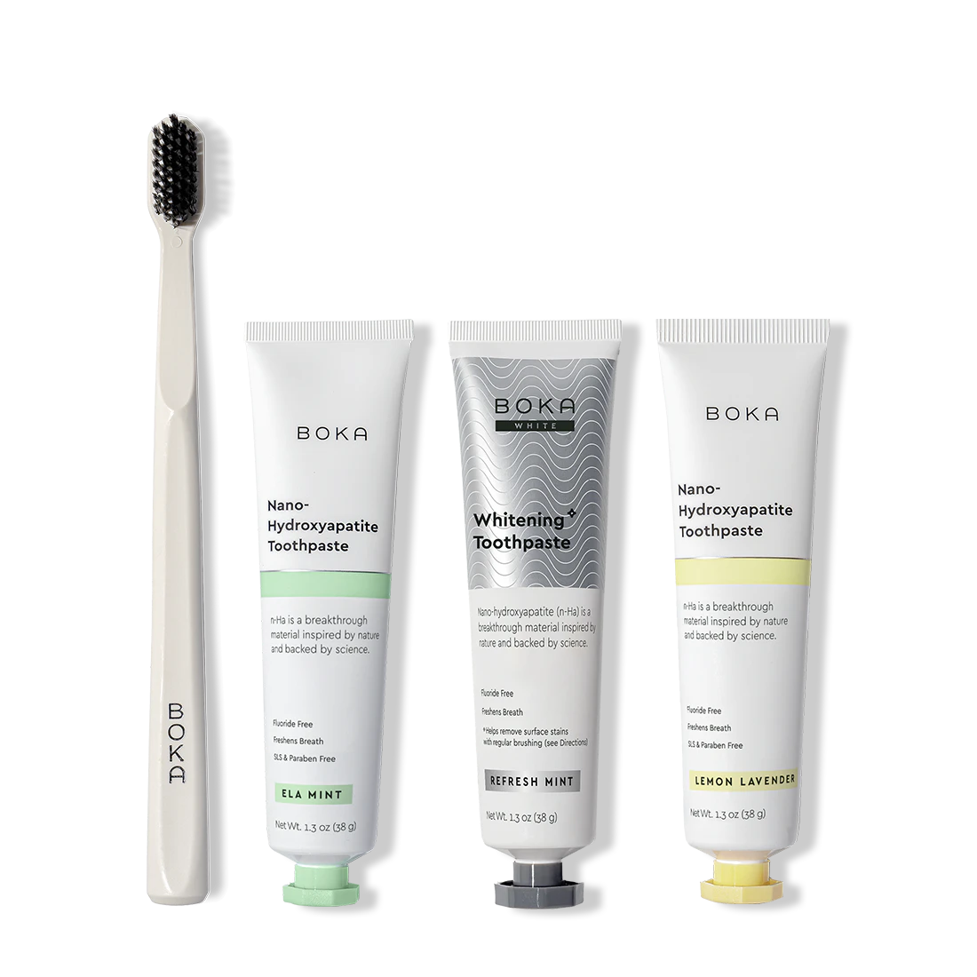 Boka toothpaste and toothbrush on a white background