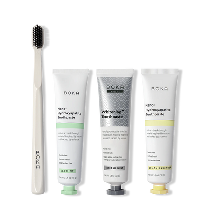 Boka toothpaste and toothbrush on a white background