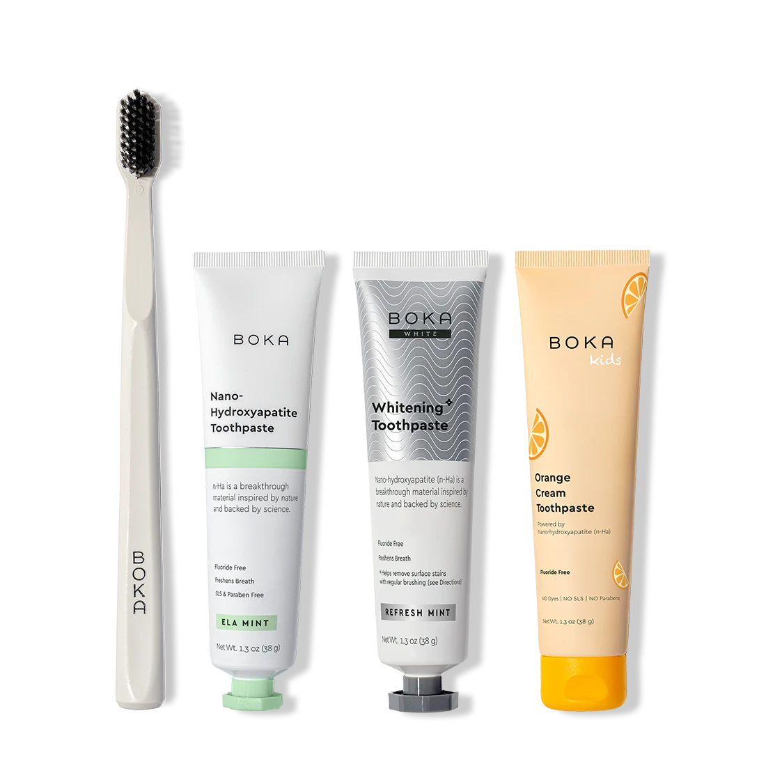 Boka toothpaste and toothbrush set on a white background