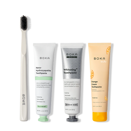 Boka toothpaste and toothbrush set on a white background