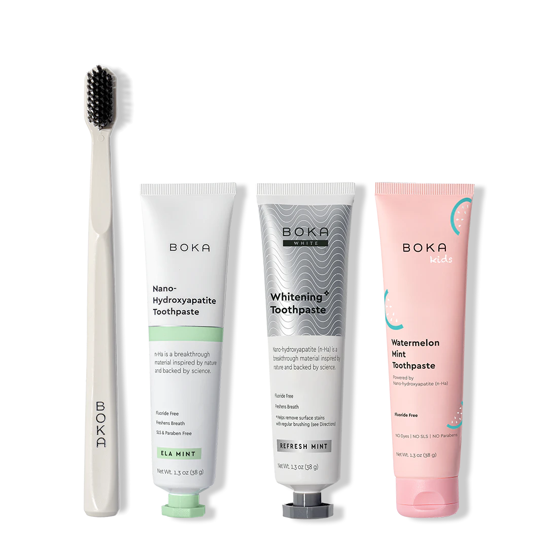 Boka toothpaste and toothbrush on a white background
