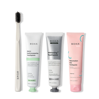 Boka toothpaste and toothbrush on a white background