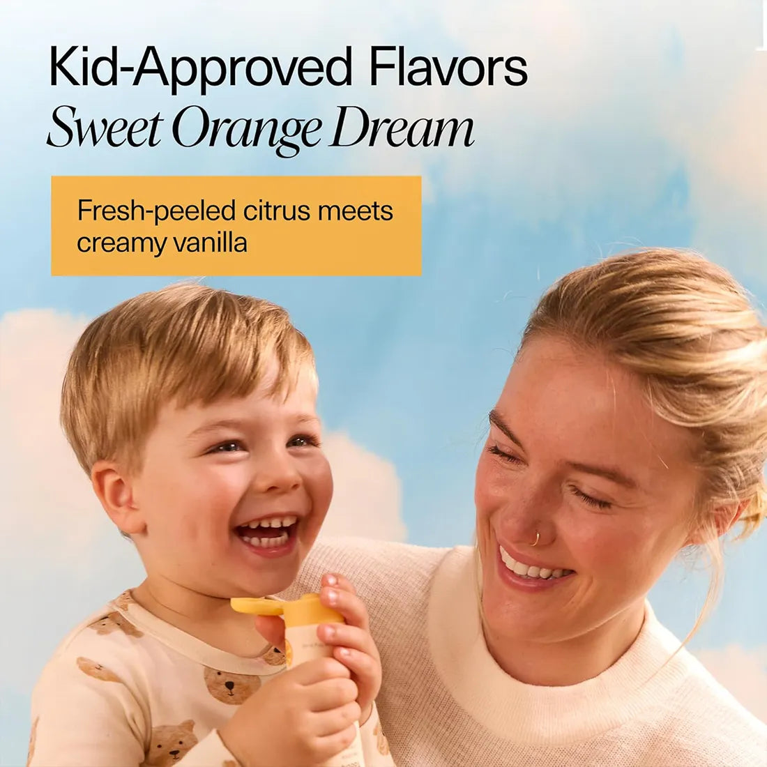 Woman and child holding a product with 'Kid-Approved Flavors Sweet Orange Dream' text on a blue background