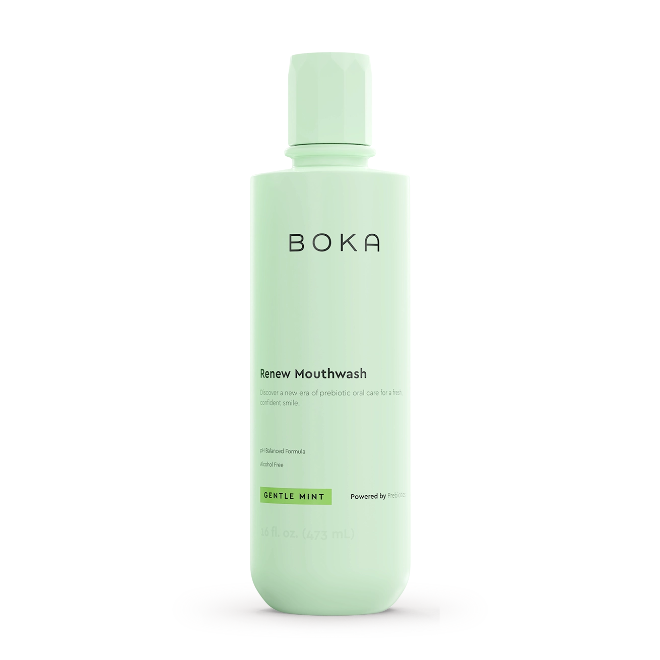 Green bottle of Boka Renew Mouthwash on a white background