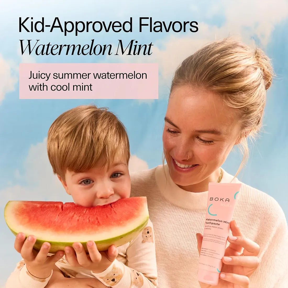 Woman and child with watermelon and Boka product against a blue sky