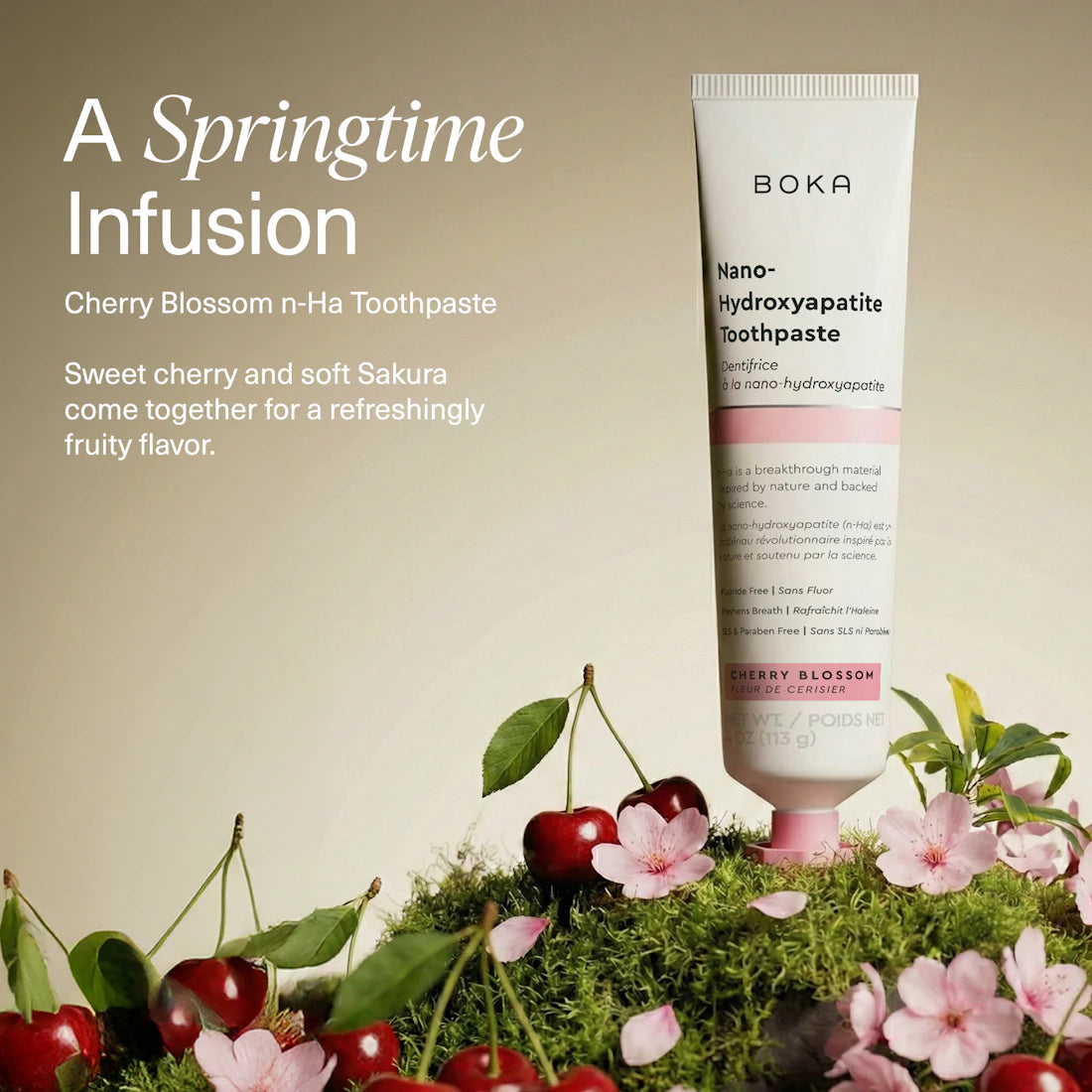 Boka Cherry Blossom n-Ha Toothpaste with cherry and sakura elements on a natural background