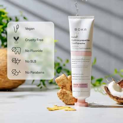 Boka toothpaste tube with vegan, cruelty-free, no fluoride, no SLS, no parabens label on a neutral background.