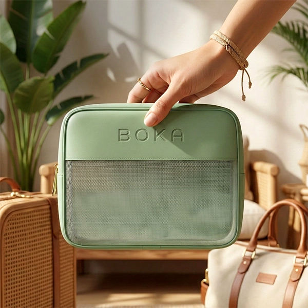 Green travel packing cube with 'Boka' branding held by a hand, with a suitcase and bags in the background.
