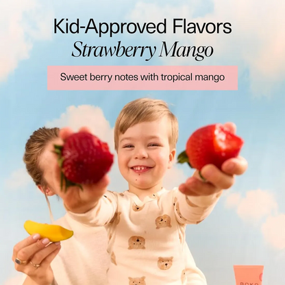 Child holding strawberries with text about 'Kid-Approved Flavors Strawberry Mango' against a blue sky.